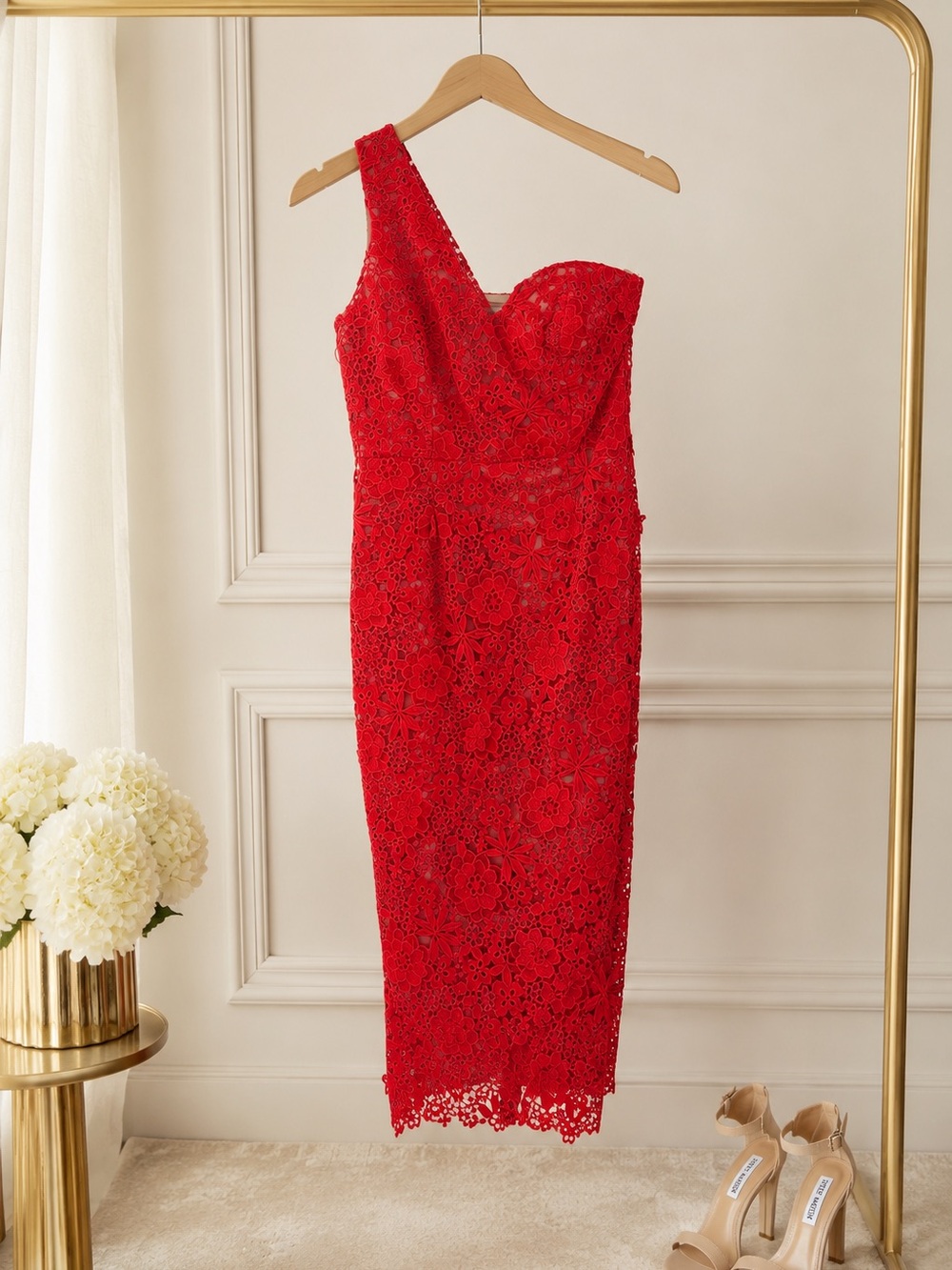 Dress the Population Magnolia One-Shoulder Floral Lace Midi Dress XL Red